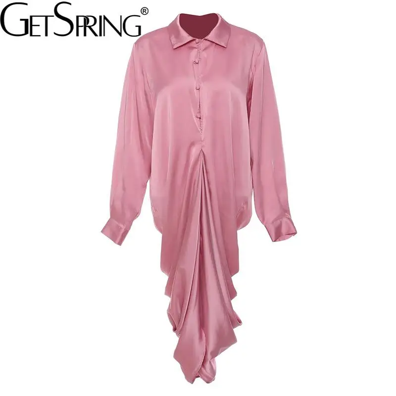 

Getspring Women Dress Asymmetrical Long Sleeve Pink Black Shirt Dresse Irregular Vintage Sexy Long Loose Dresses 2021 Fashion
