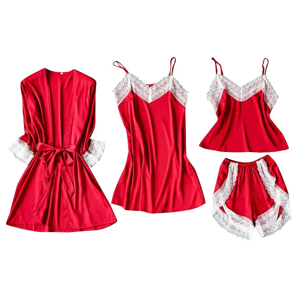 

High-quality foreign trade home clothing new pajama skirt women's emotional pyjama satin four-piece sexy underwear