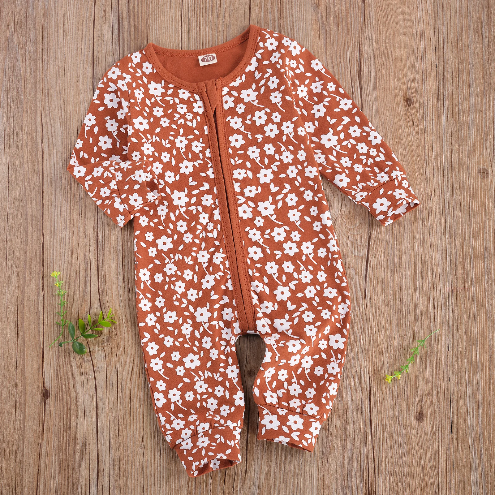 

Newborn Baby Girl Clothes Floral Pattern Print Long Sleeve Round Neck Zipper Romper Jumpsuit One-Piece Outfit Cotton Clothes