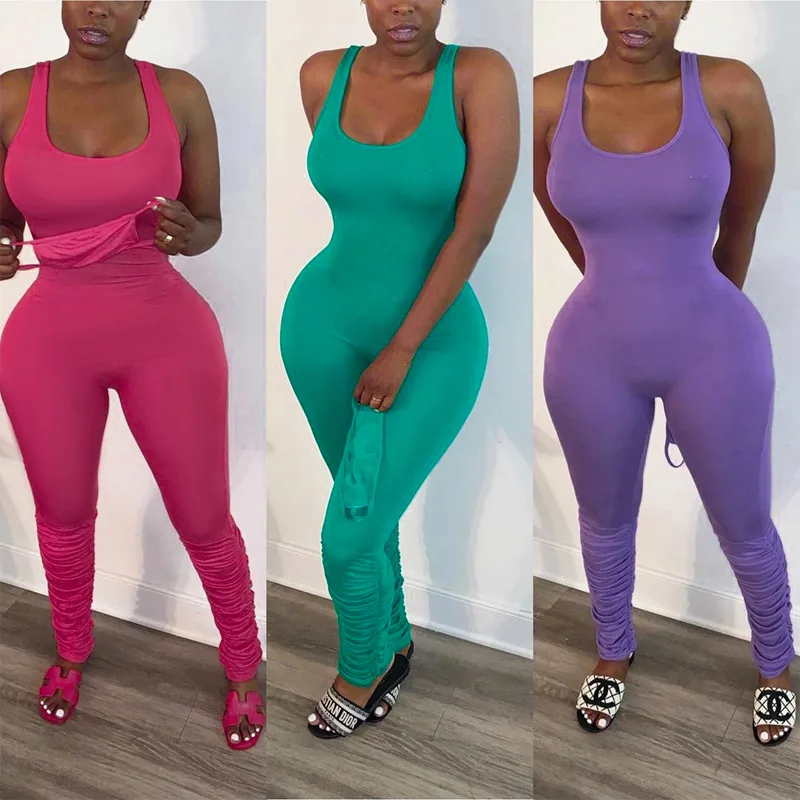 

Sporty Jumpsuits Women 2020 Fashion Stacked Pants Sleeveless Casual Ruched Workout Overalls One Piece Bodycon Slim Fit Outfits