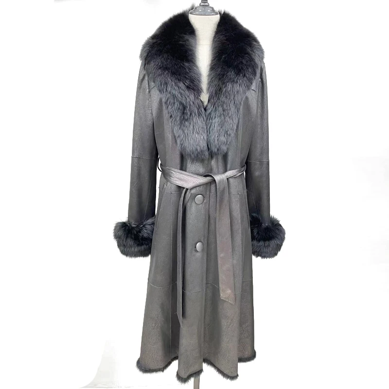 New Real Double Face Rabbit Fur Coat Women's Mid-Length Winter Close-Fitting Leather Fox Fur Collar Cuffs Fur Garments