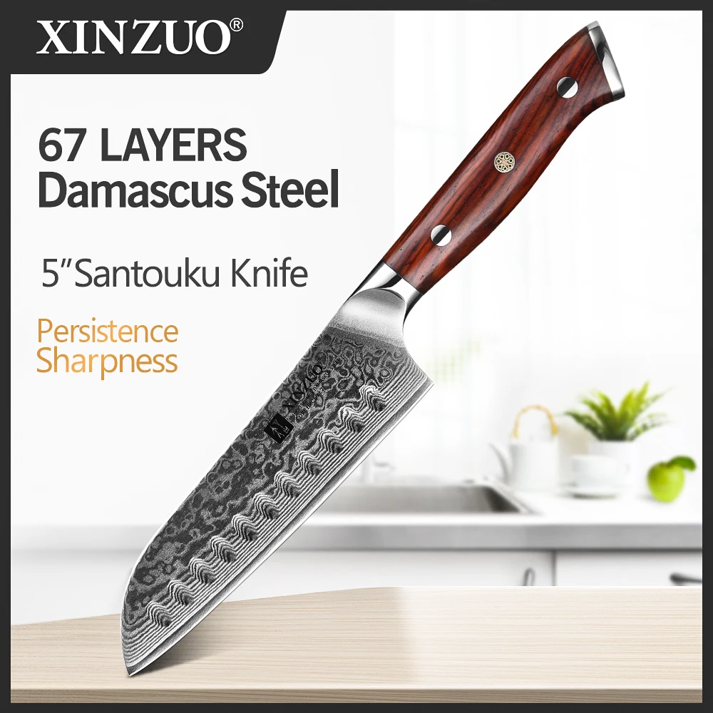 XINZUO 5 дюймовый нож Santoku лезвие из высокоуглеродистой дамасской стали кухонные