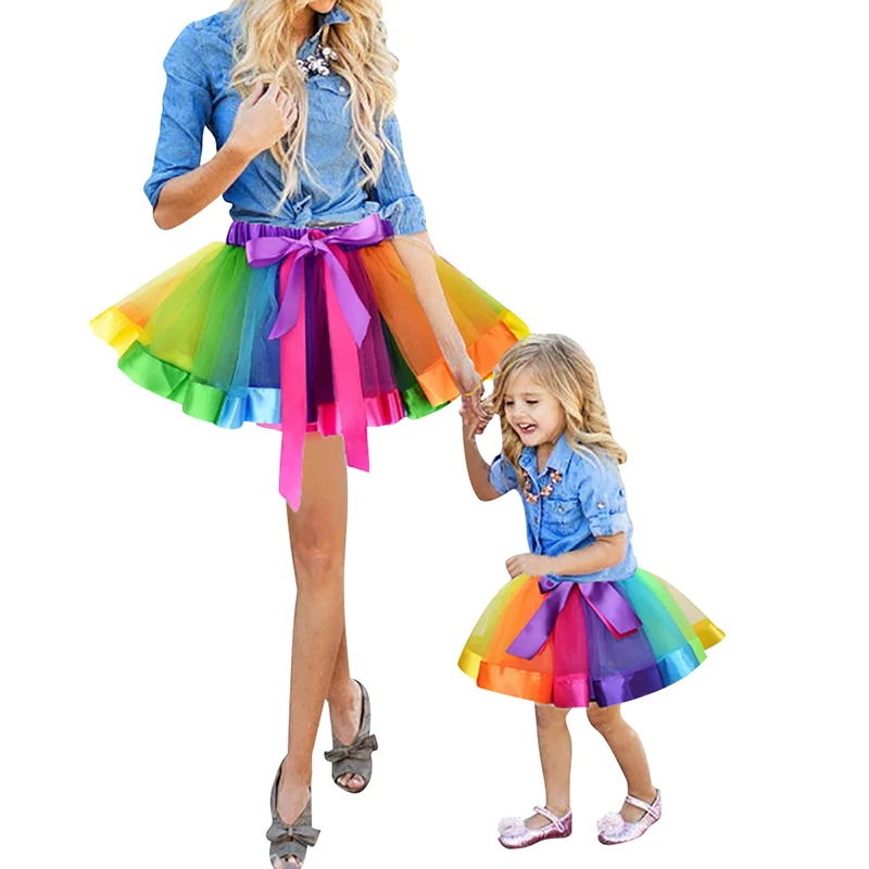 Радужная юбка пачка для мамы и дочки разноцветная многослойная пушистая