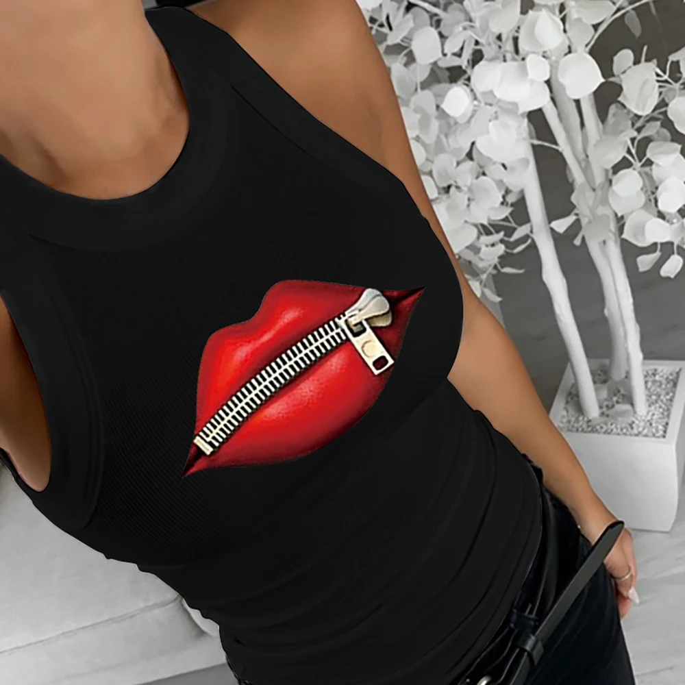 

2021 Women Tank Tops Summer Beachwear Funny Lips Printed Tee Tops Slim Female Vests Off Shoulder Skinny Vacation Clothes Top D30