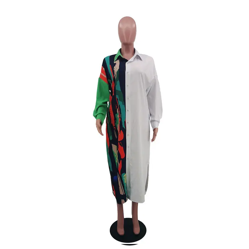 

Women Contrast Long Sleeve Shirt Dress Spring Summer New Casual Loose Print Button White Slit Chic Midi Office Ladies Dresses