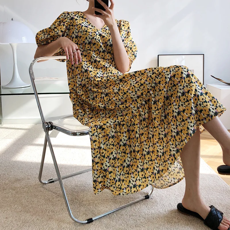 

V-Neck Yellow Floral Dress Women Puff Sleeve Vintage Fresh A-Line Big Swing Casual Pockets Sandbeach Long Dress 2020 Summer