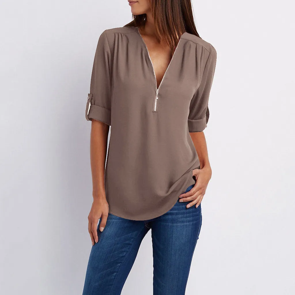 

Camisa Summer Women Chiffon Blouse Shirt 5xl Plus Size Chemise Femme V-neck Roll Up Sleeve Zipper Tunic Tops Casual Clothing