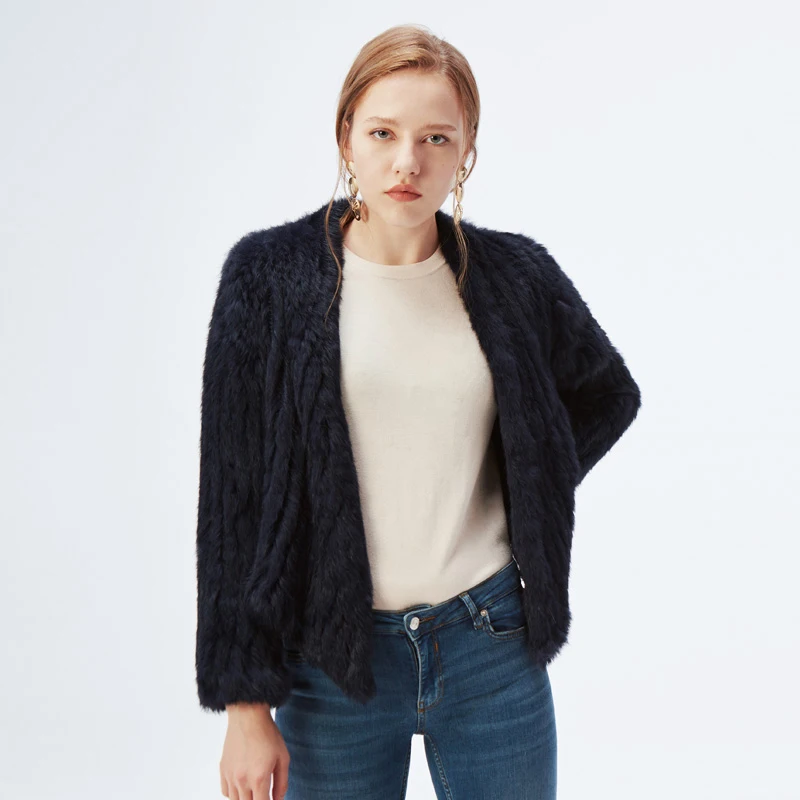 100% Real Knit Rabbit Fur Cardigan Coat Jacket Natural Hand-made Irregular Collar Garment Rabbit Fur Knitted Outerwear Vest
