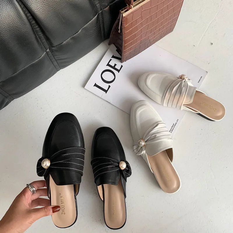 

Ladies Mules 2021 Spring/Summer New Slippers Girls Pearl Rib Bow Half Slippers Sandals Square Toe Pu Sewing Flat Slippers Women
