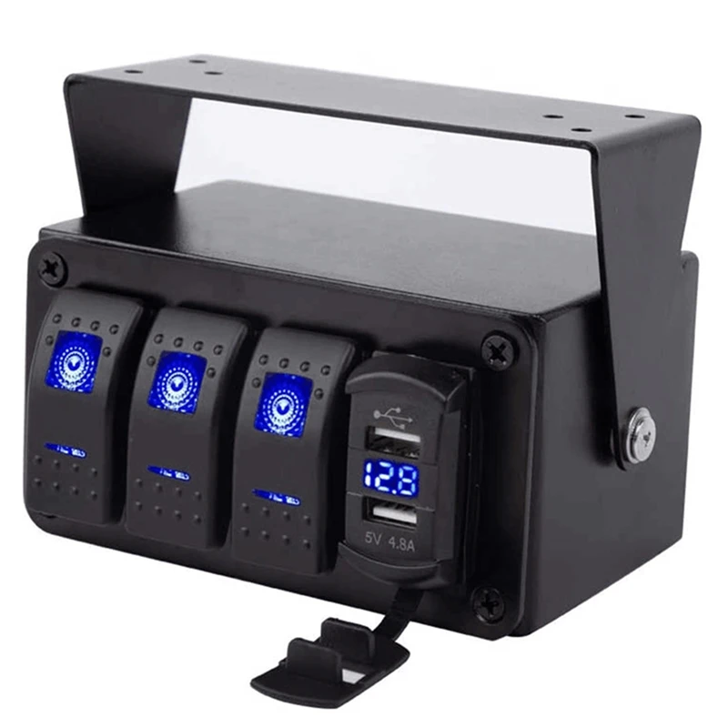 

3-х клавишный тумблер с двойным USB портом 4,8 А, быстрая зарядка и вольтметр, синий светодиод 12-24 В