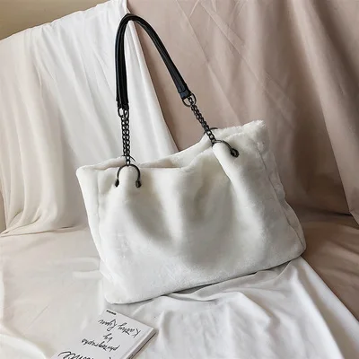 Original Brand Autumn And Winter Plush Shoulder Bag& Large Capacity Chain Tote Bag Width 49cm High 31cm Thickness 13cm - Цвет: Белый