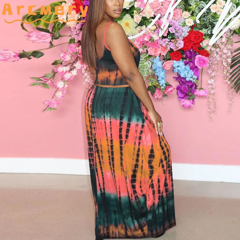 

2 Pieces Sets Women Spaghetti Strap Printed Top & Maxi Skirts