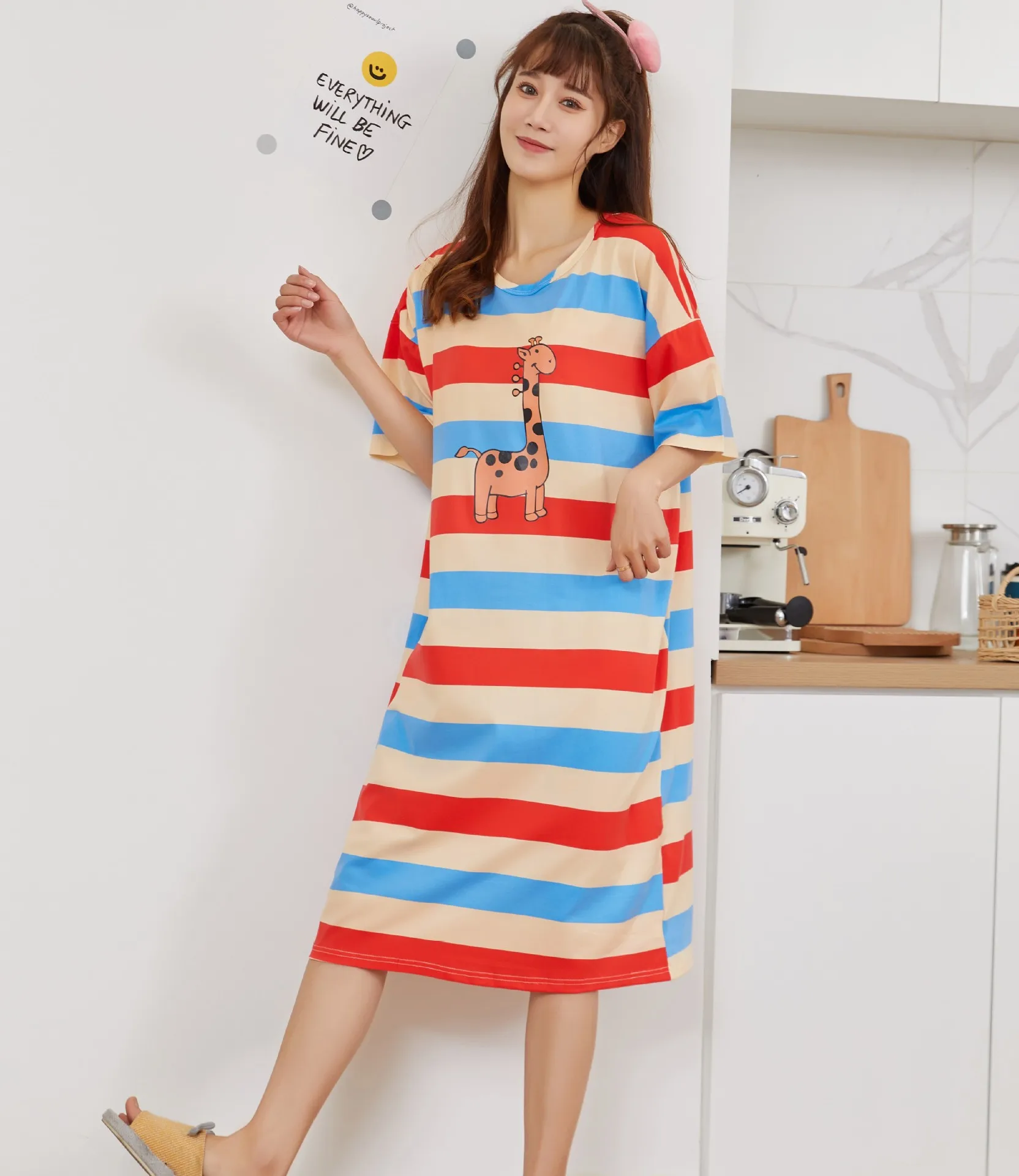 

Casual Summer New Female Short Sleeve Sleepwear Striped Nightgown Cotton Nightwear Print Cartoon Nightdress Intimate Lingerie