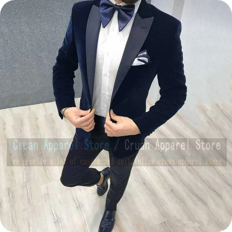 

Костюм мужской бархатный приталенный темно-синего цвета, свадебный смокинг для жениха, Модный деловой пиджак и брюки, 2 предмета
