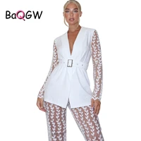 baqgw mesh lace see through office lady two piece set autum long sleeve jacket wide leg pants matching sets overalls with belt