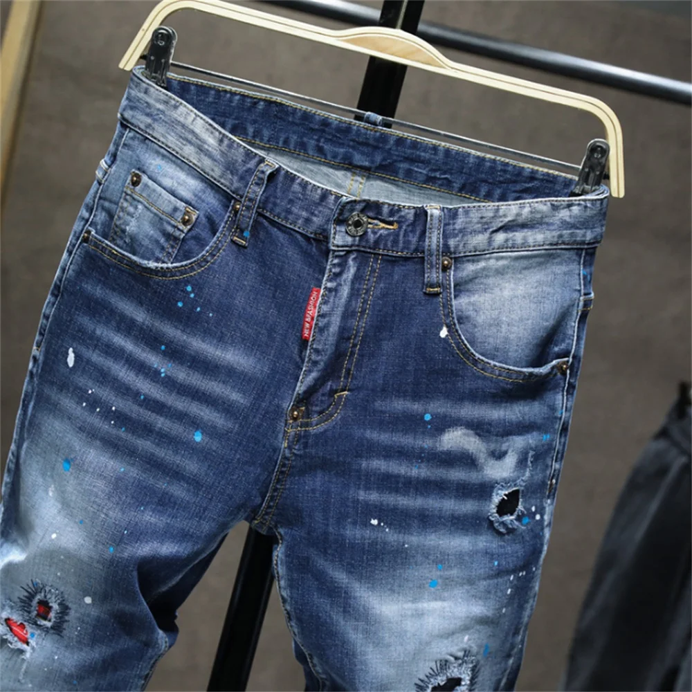 EH·MD® Ripped Plaid Lined Jeans Men's Inkjet White Paint Dots Soft Fabric Casual Loose Cotton Elastic Pants Badge Red Ear 2021