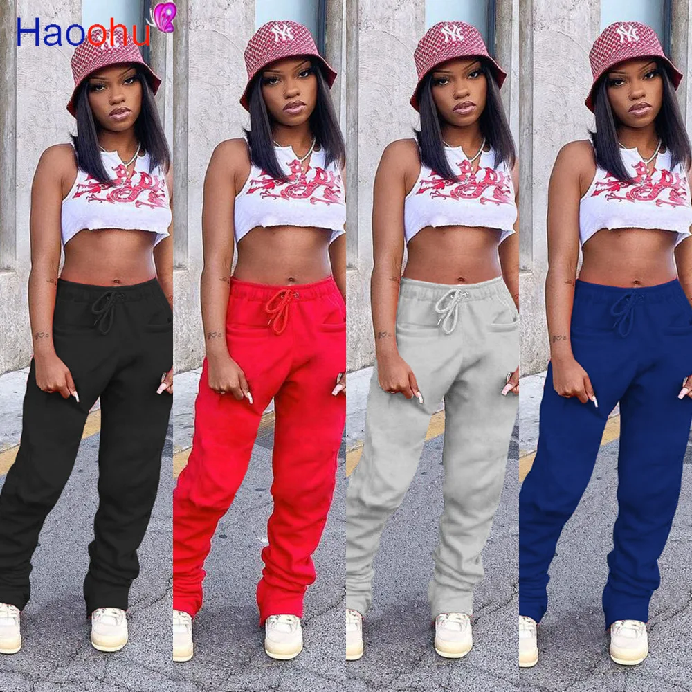 

HAOOHU Women Elastic Drawstring Stacked Pants Legging High Waist Flare Bell Bottom Ruched Trousers Draped Jogger Sweatpant