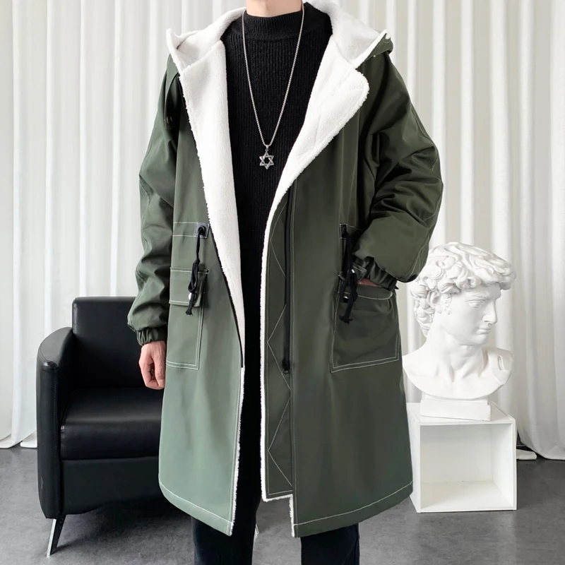 

Винтажное пальто в Корейском стиле, Длинная зимняя мужская зеленая парка из овечьей шерсти, толстая свободная одежда средней длины, мужская...