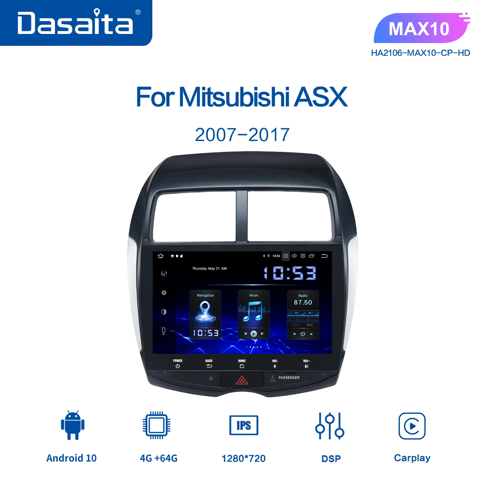 

Автомобильный радиоприемник Dasaita, Android 10, 1 Din, для Mitsubishi ASX Peugeot 4008 Citroen C4 Air Cross 10,2 дюйма IPS с Carplay Android Авто DSP