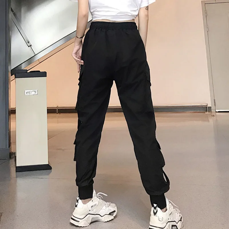 

Multi-Pockets Women Cargo Pants Black Fall 2019 Drawstring Elastic High Waist Hip Hop Streetwear Pantalones Woman Harem Pants
