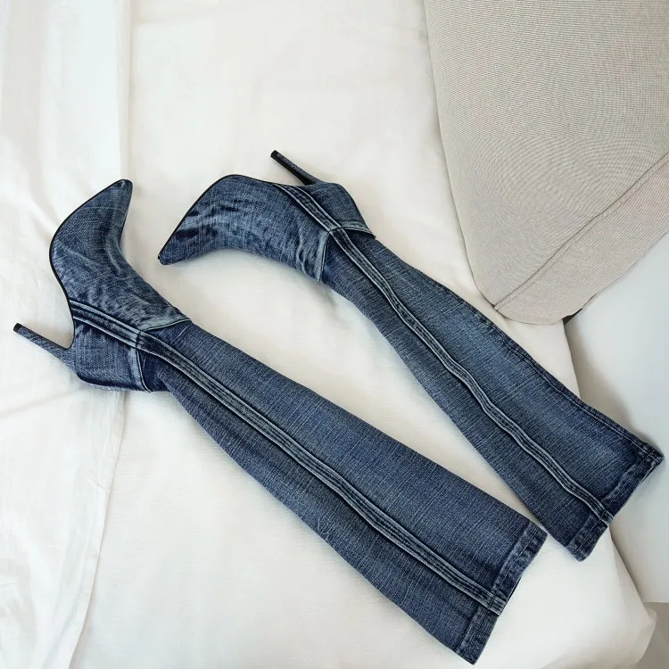 Womens Denim Jeans Over The Knee Thigh& Ankle Boots Stilettos High Heel Pointed Toe Side Zipper Shoes Punk Motorcycle New