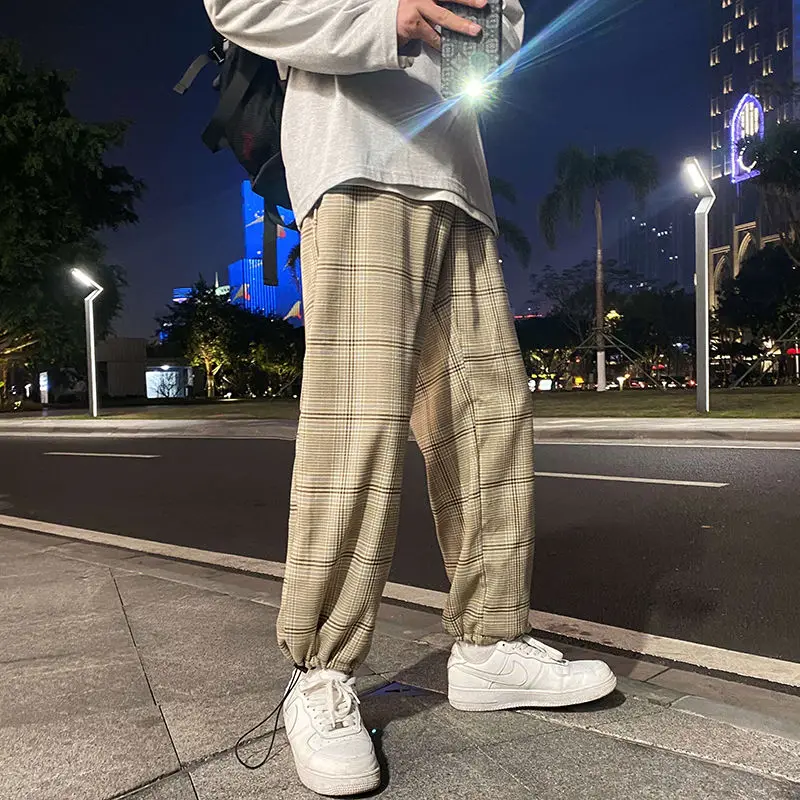 

Spring Plaid Pants Men's Fashion Retro Casual Pants Men Streetwear Korean Loose Hip-hop Straight Wide-leg Pants Mens Trousers