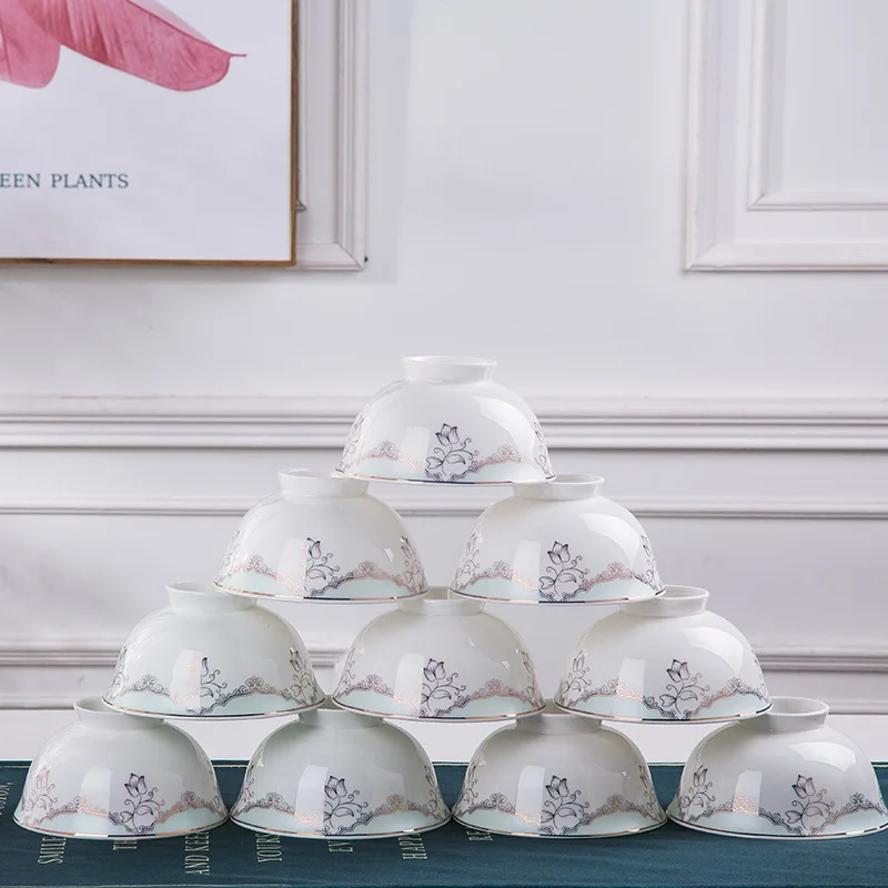 Chinese Round Applique Bowls and Dishes Jingdezhen Ceramic Tableware Bone China Rice Bowl Ramen Noodles Soup Serving