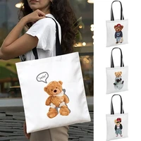cute bear pattern women canvas tote wide rope shoulder bag fabric reusable beach handbags shopper bags
