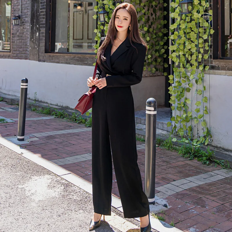 

2019 Women Turn Down Collar Belted Long Romper Formal Work Wear Playsuits Winter Korean Style OL Solid Color Jumpsuits Plus Size