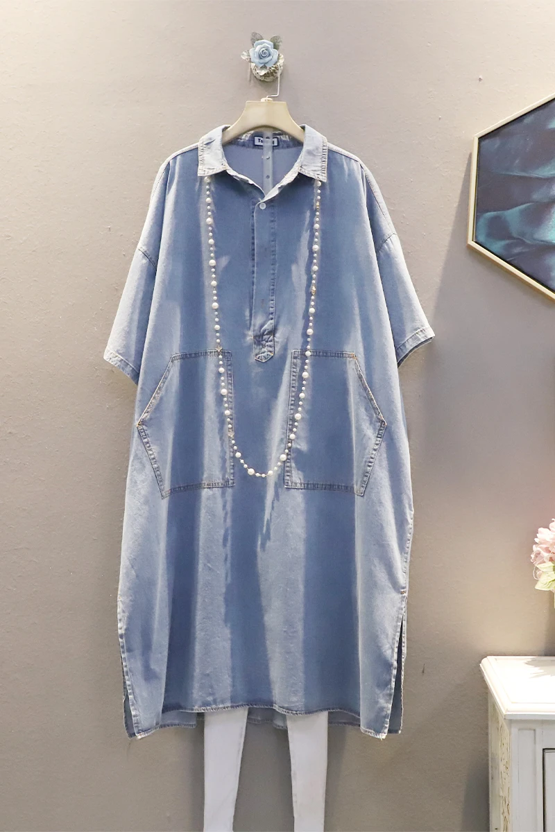 

DEAT 2021 new summer fashion women clothes turn-down collar short sleeves batwing styles pullover loose denim dress WP70405