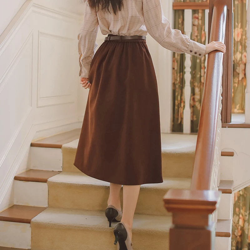 Fall 2022 OL Elegant Sweet Midi Skirts For Women Spring Casual Elastic Waist Single Breasted A-Line Pleated Skirt Korea Brown