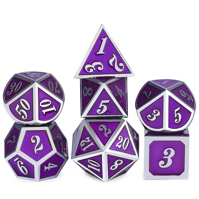 

7 шт./компл. серебристо-фиолетовый рельефный тяжелый металл многогранная игра игры DND РПГ D4 D6 D8 D10 D12 D20 игральные кости с сумкой