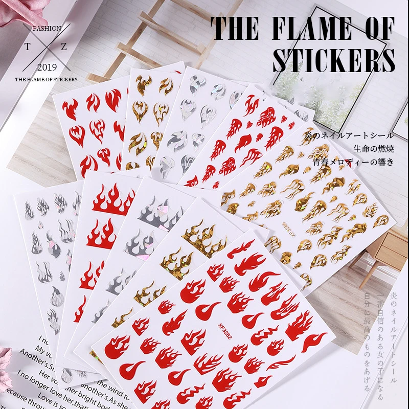 

Flame Stickers on Nails Colorful 3D Fire Design Nail Art Transfer Sticker Water Slide Nail Art Decals Decorations For Nail Art