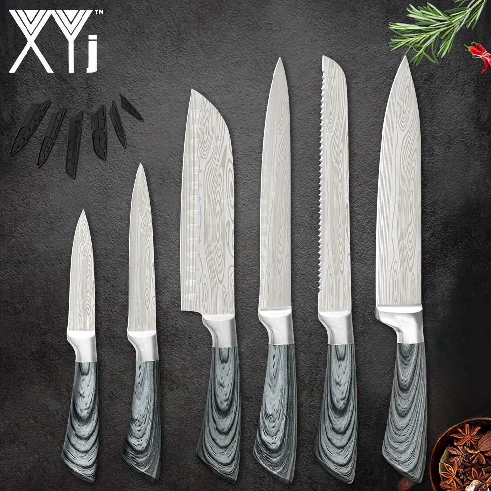 

XYj Kitchen Chef Knives Tool Set Stainless Steel Pattern Veins Blade 8'' Bread 7'' Santoku Paring 5'' Utility Knife Cover Sheath