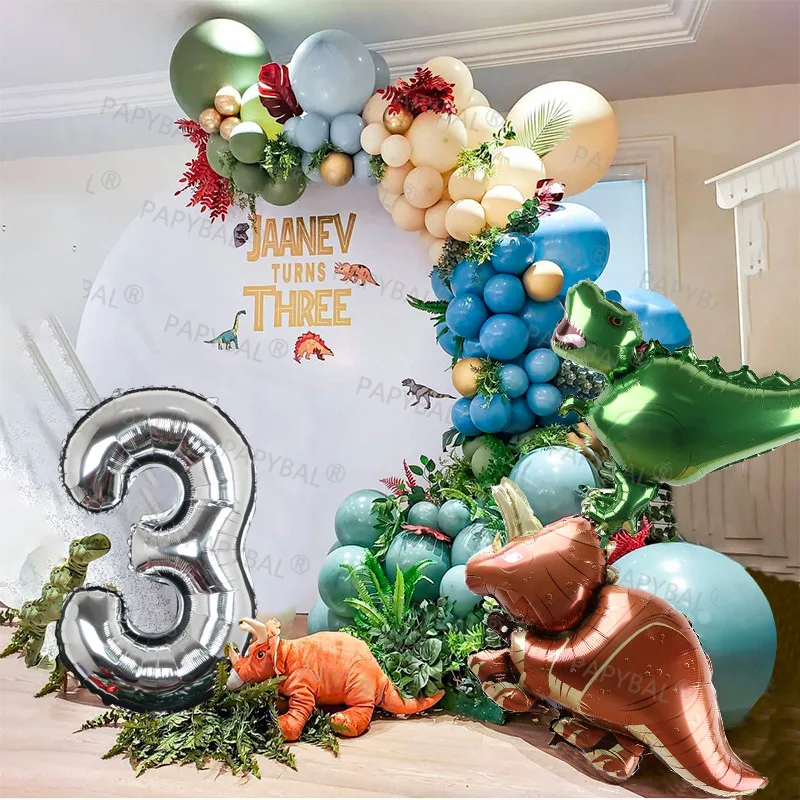 Globos de dinosaurio para cumplea&ntilde;os, guirnalda de arco para ni&ntilde;os, globo de papel de aluminio verde, jungla, Safari, Fiesta Tem&aacute;tica-1