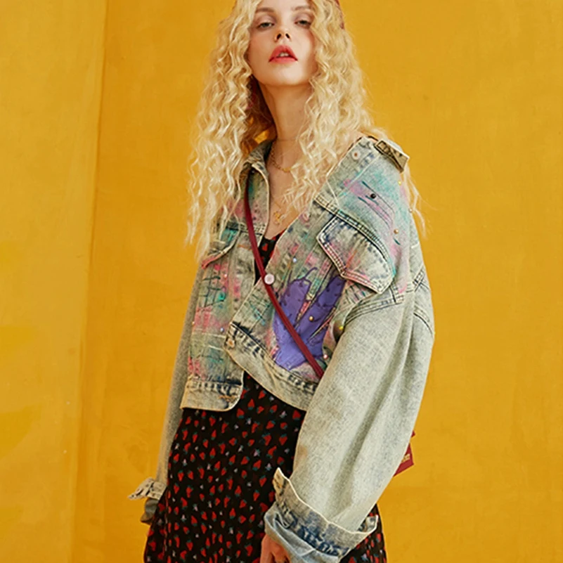 Новинка 2021 модная свободная ковбойская куртка с заклепками и струйным принтом