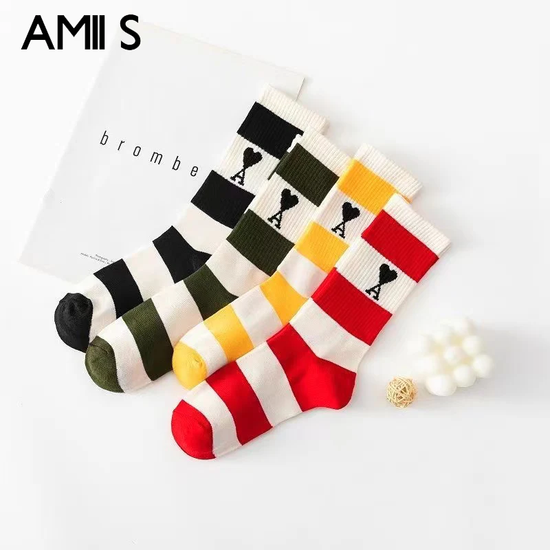 

Новинка 2021, модные хлопковые носки Ami в полоску с вышивкой и надписью «A», женские парные носки в стиле Харадзюку на Рождество и новый год, под...