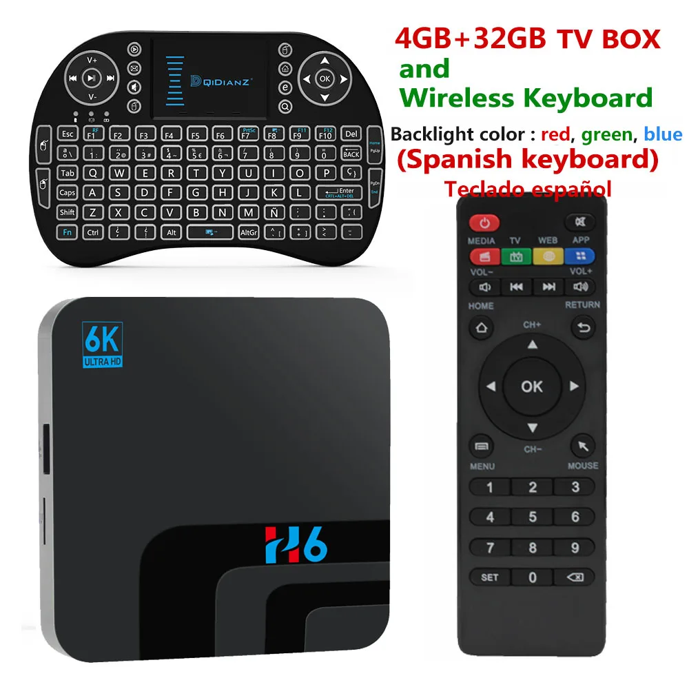 Spanish keyboard Q плюс Смарт ТВ BOX Android 9,0 H6 Quadcore Cortex-A53 4G+ 32G 2,4G WI-FI 6 K H.265 USB 3,0 Neftflix Google Декодер каналов кабельного телевидения - Цвет: Spanish keyboard