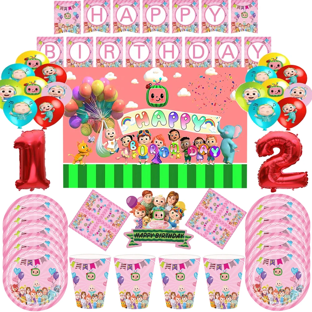 

Baby Shower Cute Pink Cocomelon Theme Birthday Party Decorations Banners For Kids Disposable Tableware Cocomelon Party Supplies