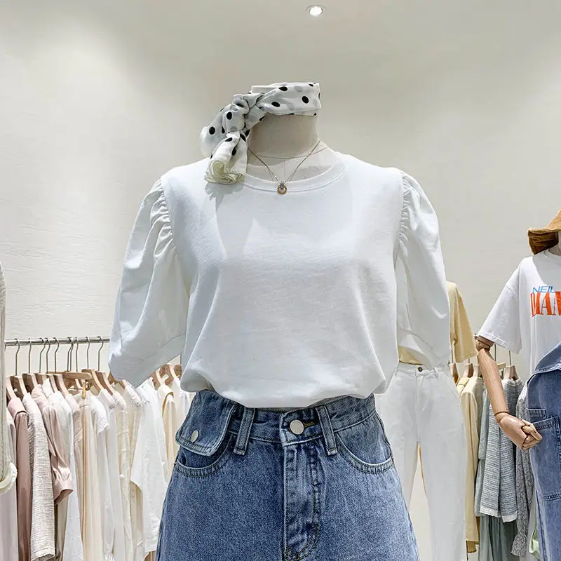 

Puff Sleeve Women T-shirt Summer 2021 Round Neck Loose Basic Cotton Office Lady Top Women Tees