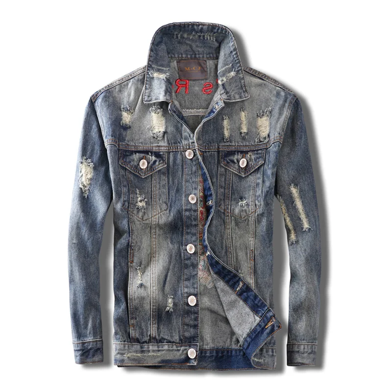 

Men Streetwear Jacket Skull Embroidery Letters Designer Man Coat Punk Ripped Denim Jacket Rock Hip Hop Fashion Jean Jacket Homme