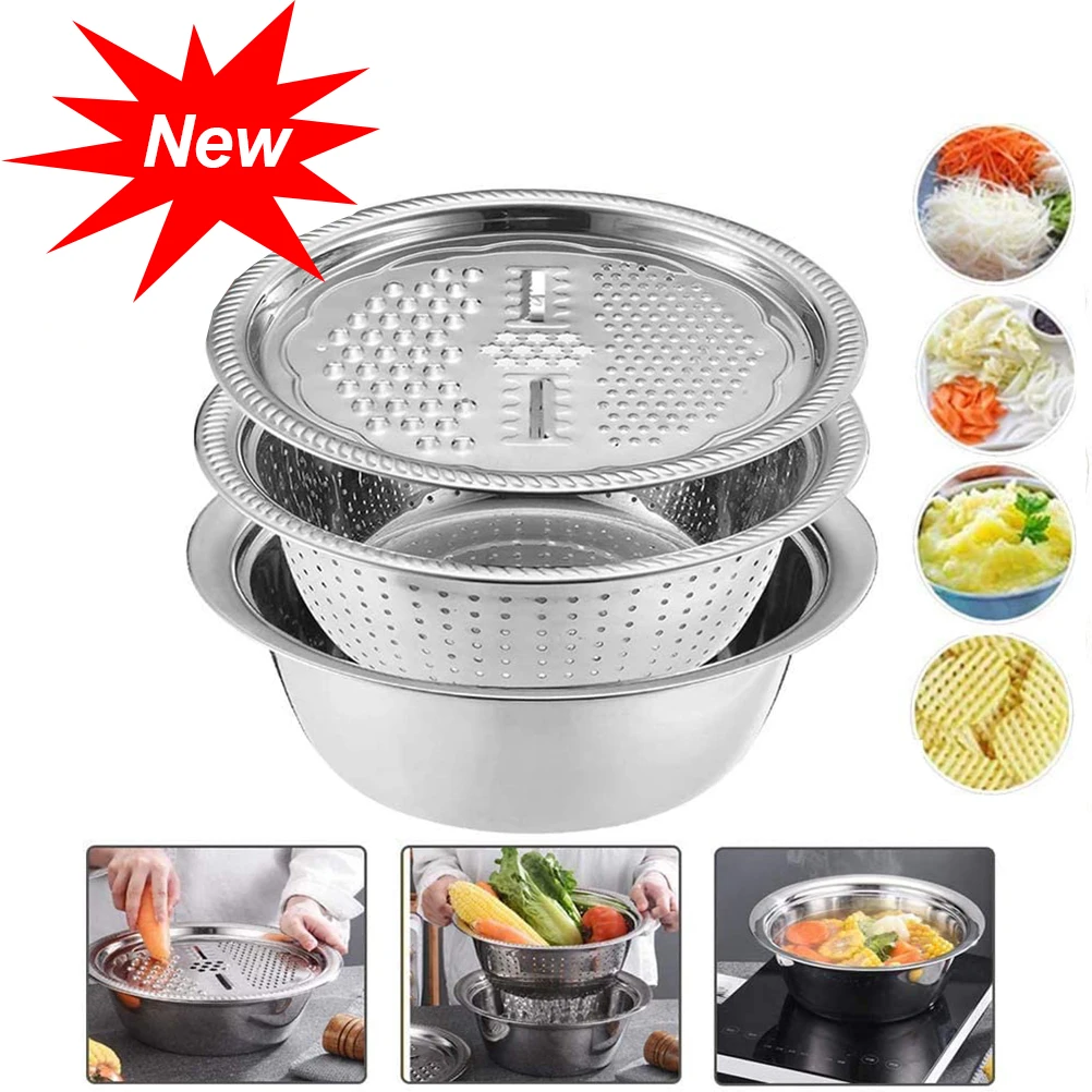 

Kitchen Gadgets 3pcs Multifunctional Stainless Steel Basin Set Fruit Vegetable Drain Rack Shredder Kitchen Tools Accessories
