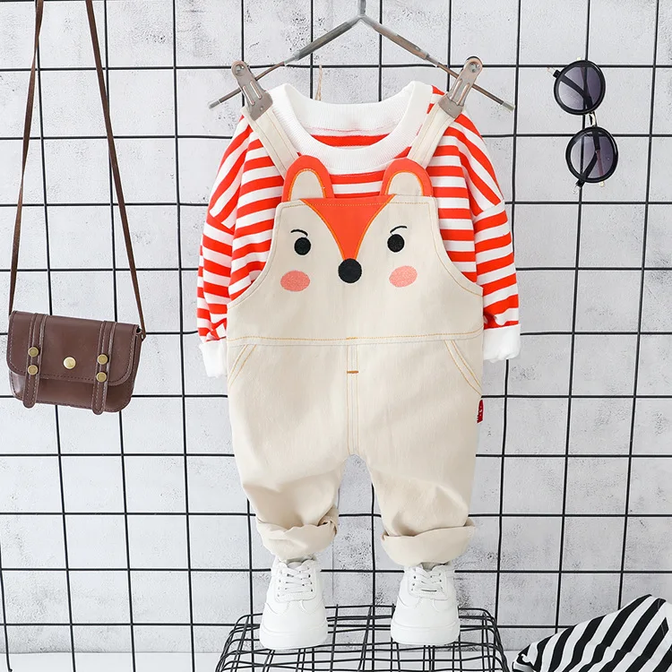 Toddler Girls New Spring Autumn Clothing Set Kids Striped Long Sleeve T-shirt+bib Cartoon Pants 2pcs Baby Boys Outfits | Детская одежда