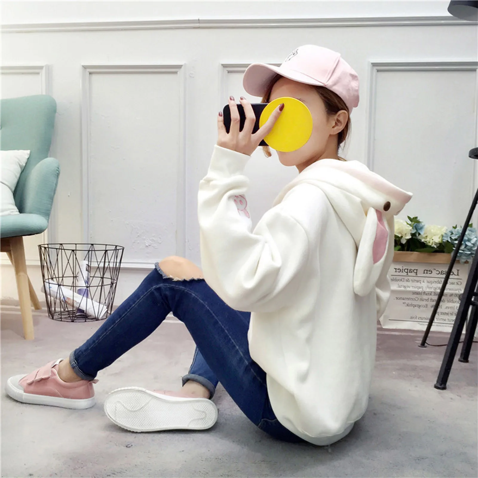Bunny Hoodies Women Kawaii Rabbit Ears Fashion Oversized Sweatshirt Long Sleeve Blouse Loose Sweatshirt Winter Warm Hoodie Femme