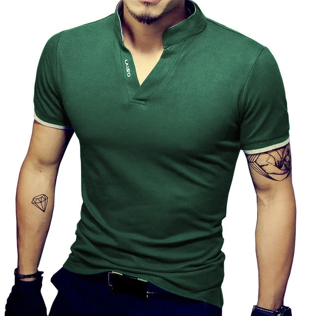 Мужская облегающая футболка простая с коротким рукавом и стоячим воротником