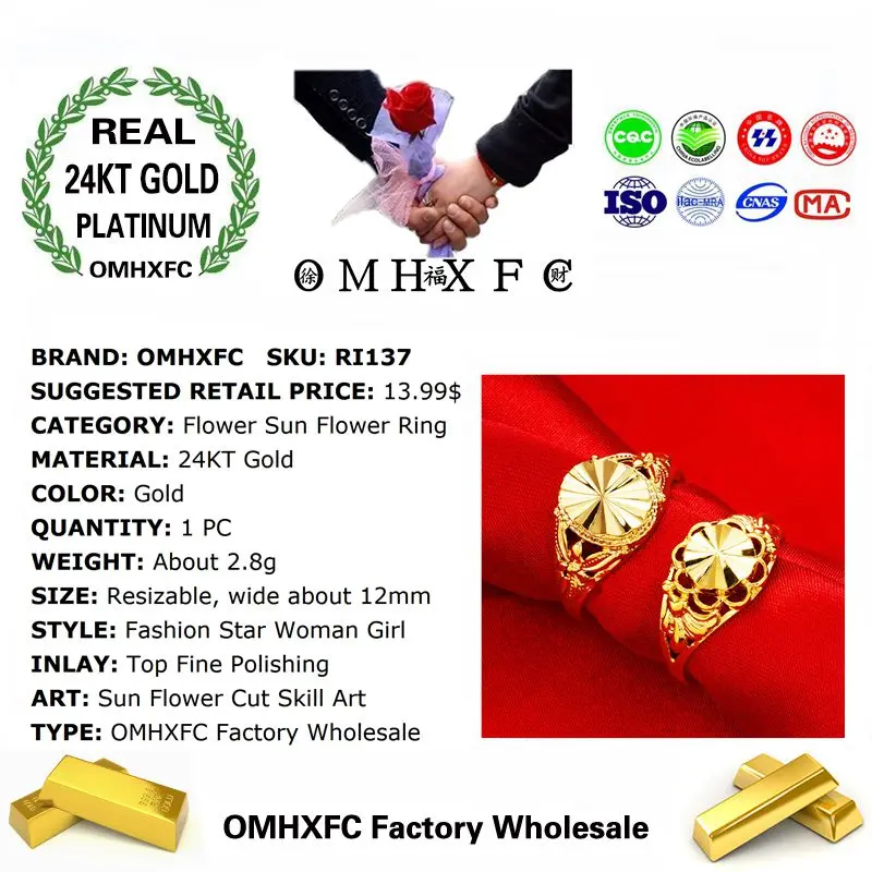 OMHXFC Wholesale European Fashion Woman Party Birthday Wedding Gift Vintage Hollow Flower Resizable 24KT Real Gold Ring RI137 | Украшения и