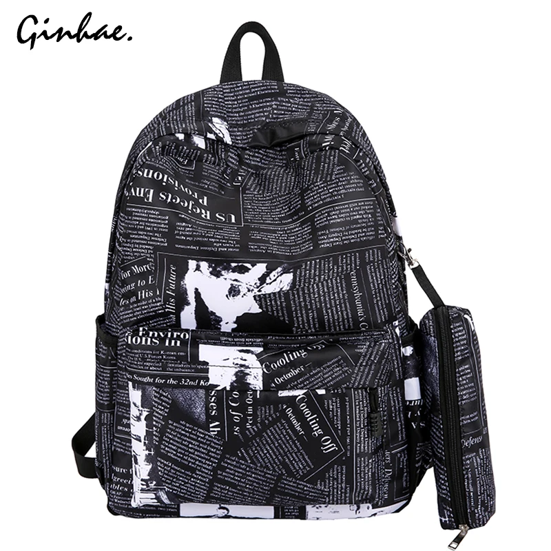 Повседневный нейлоновый рюкзак Женский дорожный школьный ранец с газетными