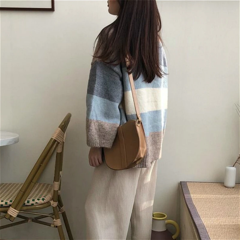 

Pullovers Women Striped Autumn All-match Preppy Style Korean Elegant Loose Sweaters Womens Leisure Ulzzang Chic Fashion Retro