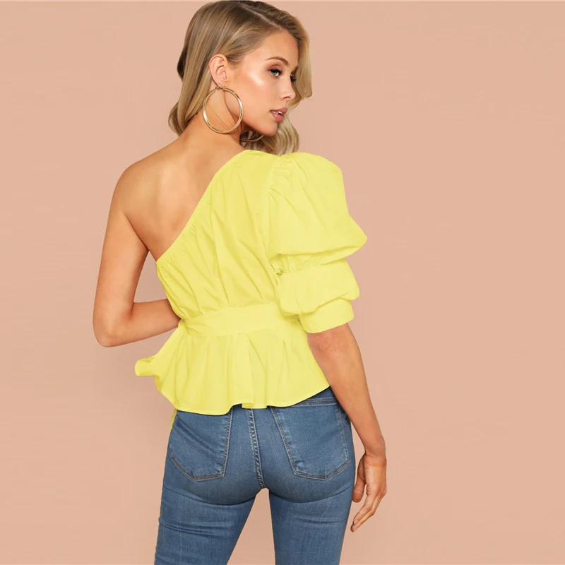 SHEIN Однотонный Топ На Одно Плечо С Пышными Рукавами И Поясом Женская Летняя Белая Элегантная Блузка С Средним Рукавом