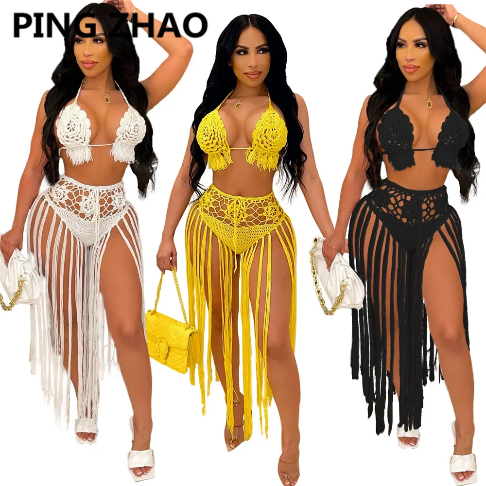 

PING ZHAO Sexy Crochet Tassel Two Piece Skirt Set Beach Dress Suit Summer Womens 2021 2 Piece Matching Sets Outfit